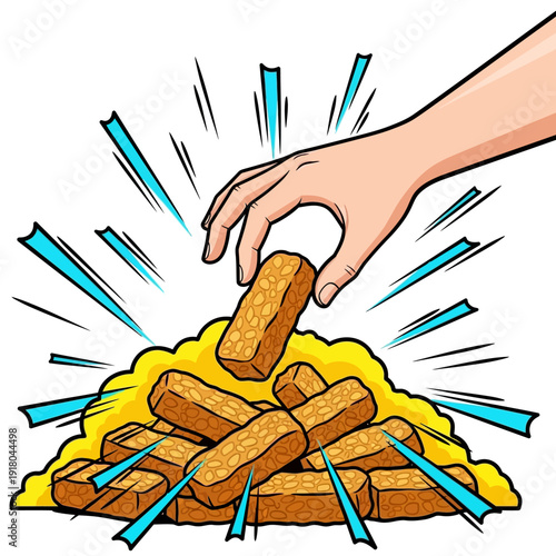 Hand picking crispy fried tempeh from a large pile with energetic bursts