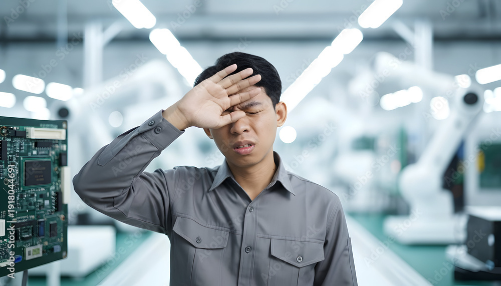 Obraz premium Overwhelmed engineer facing circuit board problems with robotic arms in background feeling stress and concern inside factory