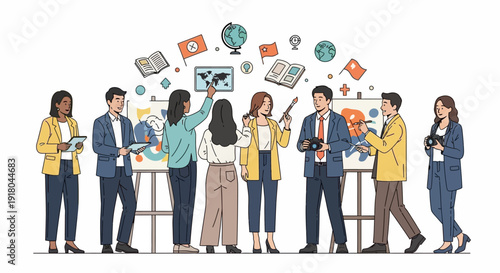 Diverse business team brainstorming with creative ideas and global vision