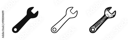 Open-End Wrench Icon Collection. Solid, Line Art, and Sketch Styles for Industrial Use.