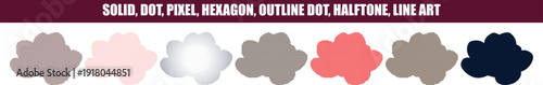 Cloud shapes in various hues and textures for graphic design elements in digital art solid, dot, pixel, hexagon, outline dot, halftone, and lines effects
