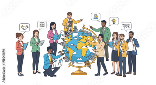 Diverse business team planning global strategy around a globe