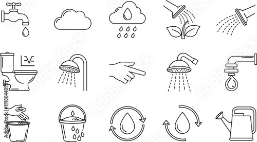 Collection of black and white line icons representing various aspects of water usage conservation plumbing and environmental concepts