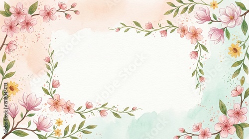 Watercolor floral frame with pink cherry blossoms and magnolias. Artistic spring flower border on pastel background. Copy space for text