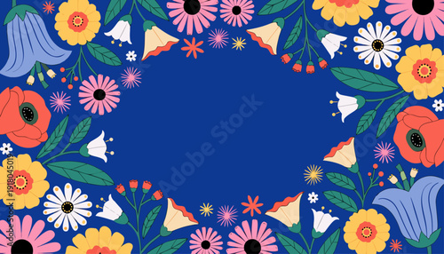 Very beautiful spring flower frame on a serene blue background with generous copy space, designed as a fresh flat lay mockup ideal for invitations, greeting cards, and seasonal promotions.