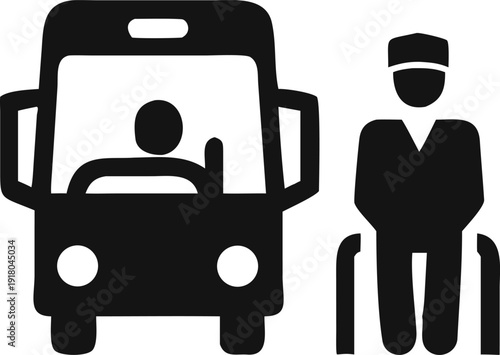Bus Driver and Passenger Standing at a Vehicle Checkpoint Barrier