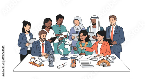 Diverse team collaborating around a table with global business strategy