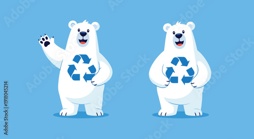Cartoon Polar Bears with Recycling Symbols.