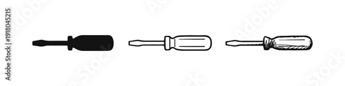 Cuadro en lienzo Stubby Screwdriver Icons Set in Solid, Outline, and Hand-Drawn Sketch Styles for Repair and DIY