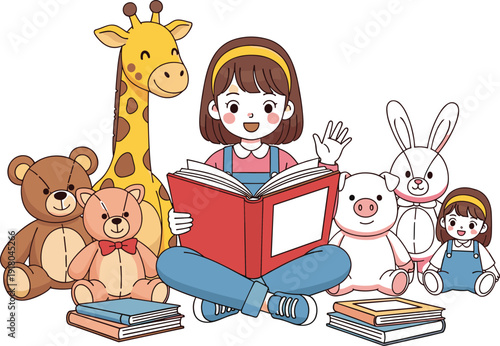 Cute child reading book illustration featuring girl with teddy bear, giraffe, bunny plush toys, preschool learning concept, and children education theme