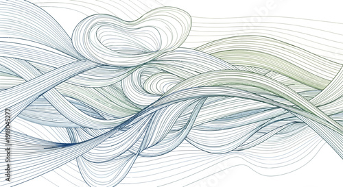Abstract background featuring flowing organic lines interwoven in complex dynamic curves with a delicate blue and green color transition