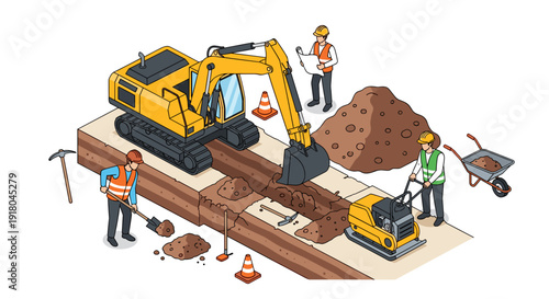 Construction Workers Operating Heavy Machinery Equipment.