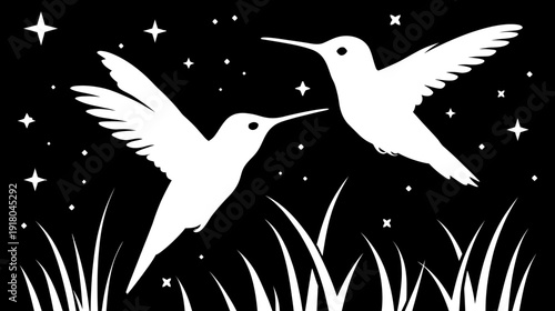 Elegant white hummingbirds in graceful flight silhouette against a starry night sky with grass, vector illustration