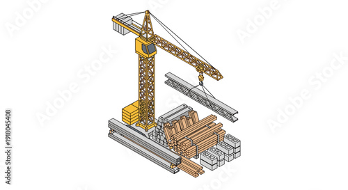 Crane Lifting Metal Beams at Construction Site.