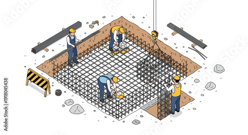 Construction Workers Tiling Floor with Grid Pattern.