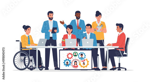 Diverse team collaborating in modern office with laptops and tablet