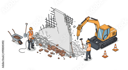 Demolition Site with Excavator and Workers.