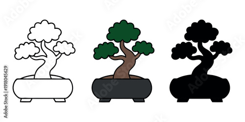 Traditional bonsai tree in a ceramic pot, shown in outline, flat color, and silhouette styles. Zen-inspired botanical vector illustration.