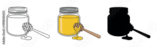 Glass jar of golden honey with a wooden dipper, shown in outline, flat color, and silhouette versions. Sweet organic food vector illustration.
