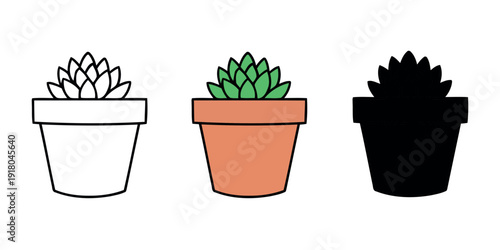 Small succulent plant in a terracotta pot, featuring line art, color, and silhouette variations. Cute desert plant icon vector illustration.