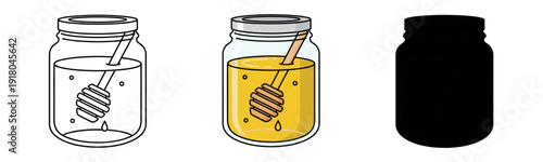 Honey jar with a wooden dipper inside, featuring line art, color, and silhouette styles. Vector illustration of a preserve jar with golden honey.
