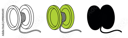 Green yo-yo toy in perspective view, featuring outline, color, and silhouette versions. Modern plastic yo-yo vector illustration.