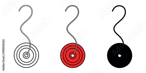 Classic red spiral yo-yo toy with string, presented in outline, color, and silhouette styles. Retro childhood toy vector illustration.