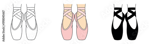 Front view of a dancer's feet wearing pink ballet pointe shoes, featuring line art, color, and silhouette versions. Graceful ballet vector icons.