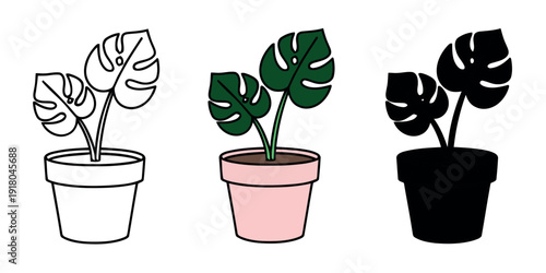Monstera deliciosa plant in a pink pot, featuring line art, flat color, and silhouette versions. Isolated vector illustration of a Swiss cheese plant.