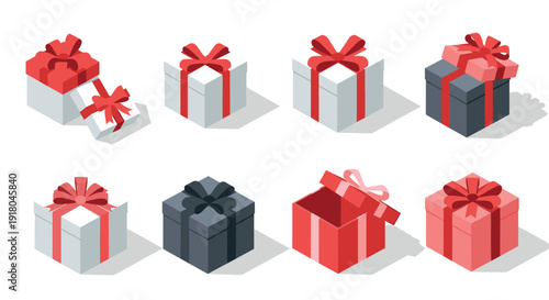 Collection of isometric gift boxes with red and black ribbons on a white background