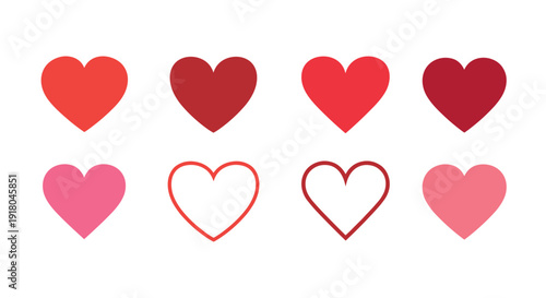 Collection of eight diverse heart shapes and shades in a clean, white background