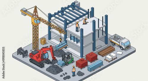 Isometric Construction Site with Crane and Machinery.