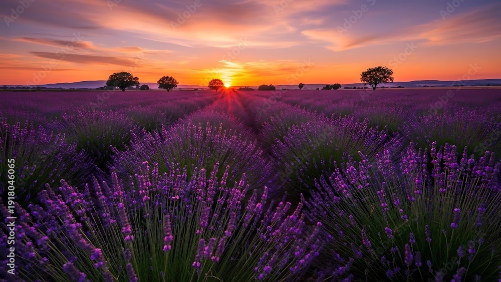 Fototapeta premium Lavender Field at Sunset with Trees.