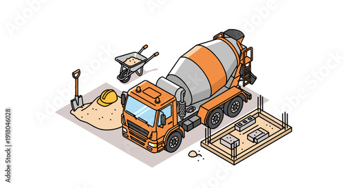 Orange Cement Mixer Truck Construction Site.
