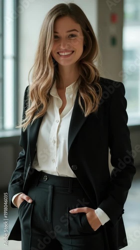 shot of beautiful young business woman wear formalwear good mood smile work indoors in office workplace fashion editorial shot, high-fashion imagery, avant-garde aesthetics, editoria.