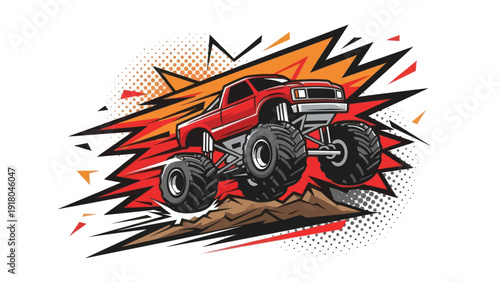 Red monster truck illustration with explosion effect on a white background