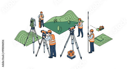 Surveyors at Work with Equipment and Maps.