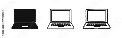 Laptop Computer Icons Set in Solid, Outline, and Hand-Drawn Sketch for Technology and Work.