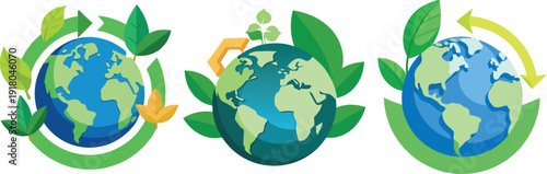 Earth from different angles surrounded by leaves and arrows