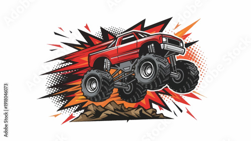 Red monster truck jumping over hills illustration against white background