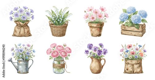 Vintage Floral Arrangement Set in Rustic Containers Illustration