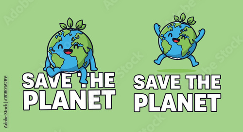 Cartoon Earth Characters Saving Planet Earth.