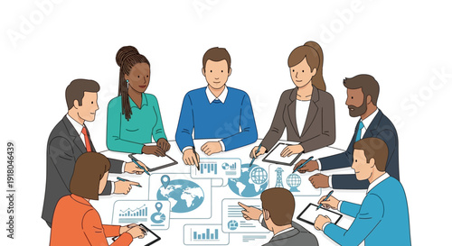 Diverse business team collaborating on global project with graphs