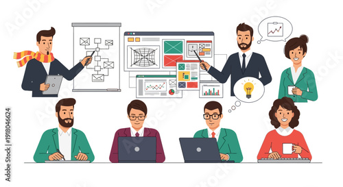 Business team collaborating on project with laptops and data analysis