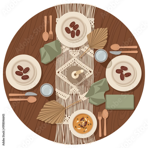 Boho style table setting dining meal with macrame runner napkins