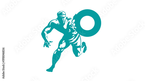 Dynamic teal vector illustration of a muscular male athlete running, holding a ring. Symbolizes speed, power, and achievement in sport.