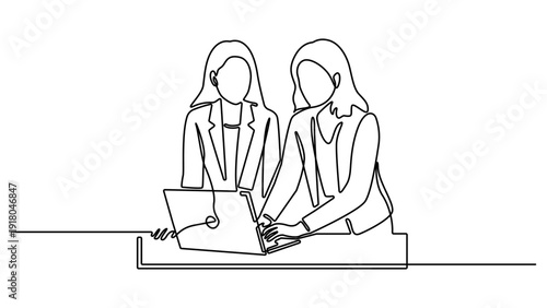 Continuous line art illustration of two professionals collaborating on a laptop project. Single continuous line drawing of Two employees are talking and discussing work. Editable stroke 