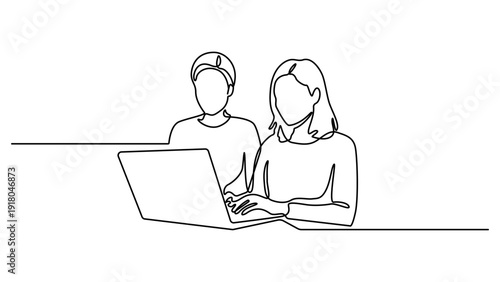 Continuous line art illustration of two professionals collaborating on a laptop project. Single continuous line drawing of Two employees are talking and discussing work. Editable stroke 