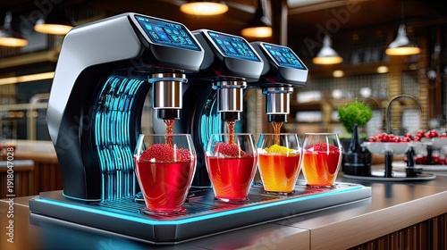 Modern beverage dispenser with colorful drinks being prepared in stylish bar setting, showcasing futuristic design and vibrant aesthetics for commercial use