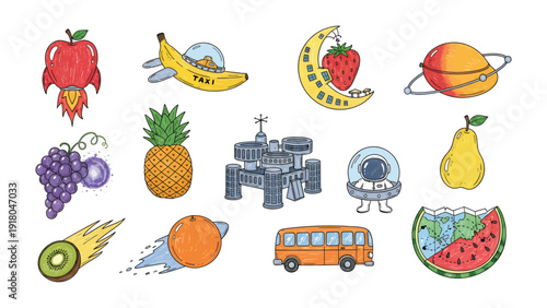 Fruitful Expedition: A whimsical illustration showcases an exciting space-themed adventure with fruits in the lead roles. Explore the galaxy.